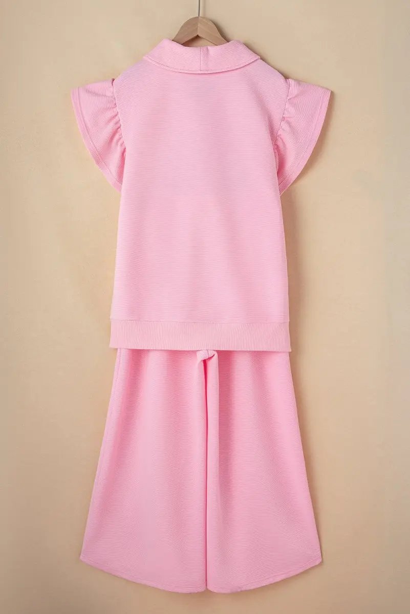 Pink Textured Ruffled Sleeve Zipped Top and Wide Leg Pants Set - Love Salve